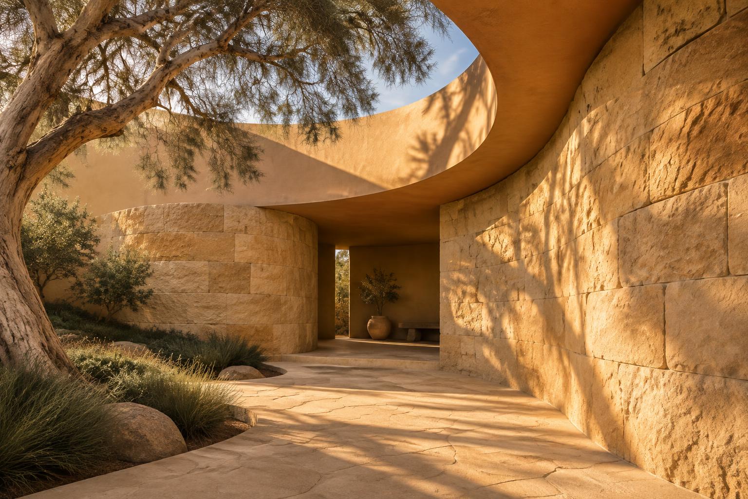 Sweeping sandstone courtyard curves around a recessed opening in golden light