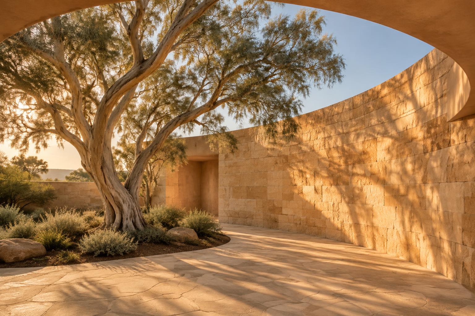 Old tree and curved sandstone courtyard wall in late afternoon light