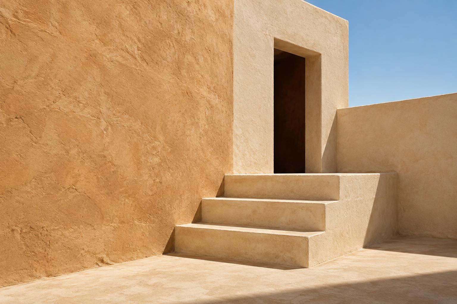 Stepped rendered walls and a shaded doorway against a blue sky
